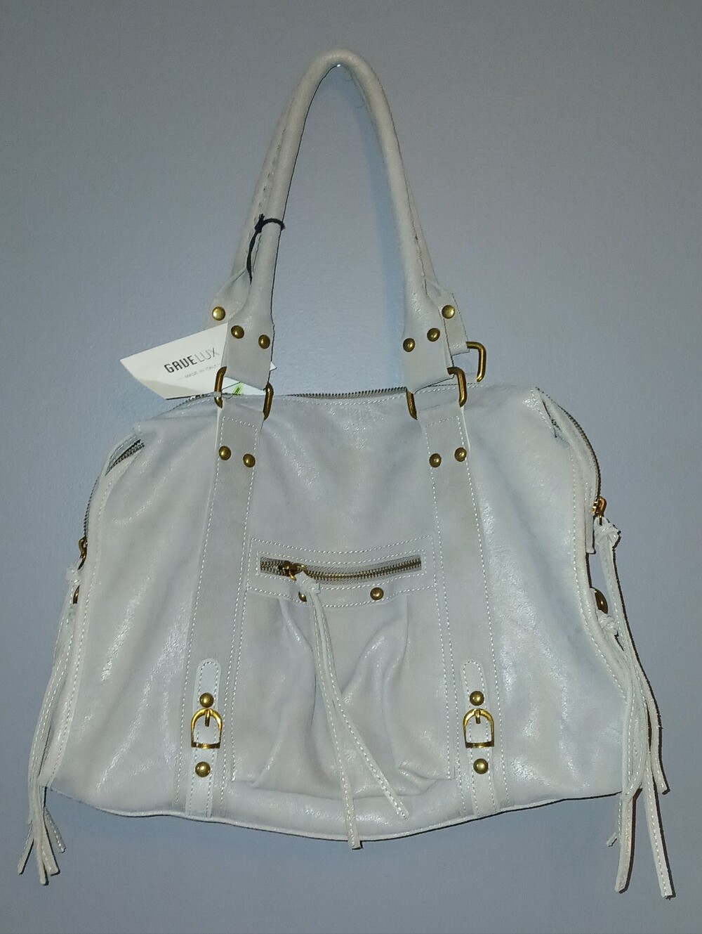 Gave Lux Italy Viral Clara Bag W Crossbody Strap, Leather, Gray Metallic